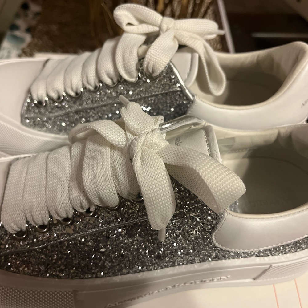 Alexander McQueen White Sneakers with Silver Glitter Panels and Thick Laces